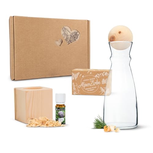 ZirbenErlebnis Geschenksbox #9: Zirbenwürfel-Set, Zirbenkugel + 1L Nimbus-Karaffe