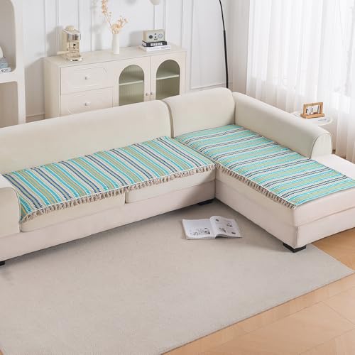 Image of HOKIPO 'Artisan Boho Series' L Shape (3+2 Seater) Sofa Cover Seat Mat | 450 GSM Cotton Acrylic Jacquard Fabric with Tassel, Aqua Blue (IN-904+903-A4)