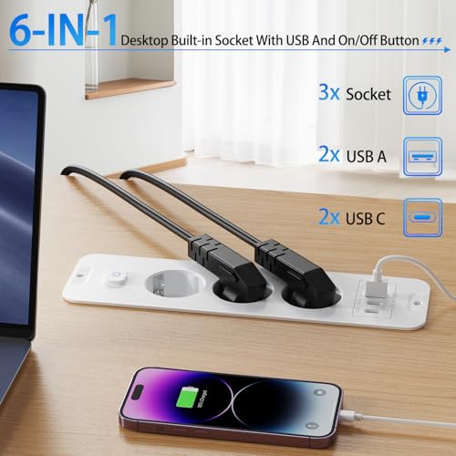 3-krotne gniazdko do zabudowy, gniazdko stołowe z USB-A i USB-C, z przedłużaczem 2 m i przełącznikiem, listwa zasilająca