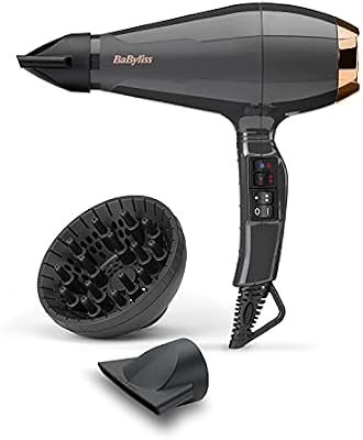 BaByliss Secador de pelo Italian Air Pro con Difusor - Motor AC Profesional, Alta potencia 2200 W, Tecnología iónica antiencrespamiento, 2 temperaturas y 2 velocidades, Made In Italy, Negro, 6719DE