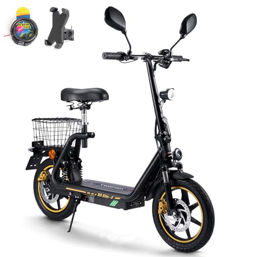 TWOFISH Elektro Moped 500W mit 48V 13Ah Akku, EEC Zertifiziert, 30 km Reichweite, 14 Zoll Reifen, 45 km/h, Motorroller mit Straßenzulassung, Elektro Motorrad mit Sitz & Korb, M5 Elite E (Schwarz)