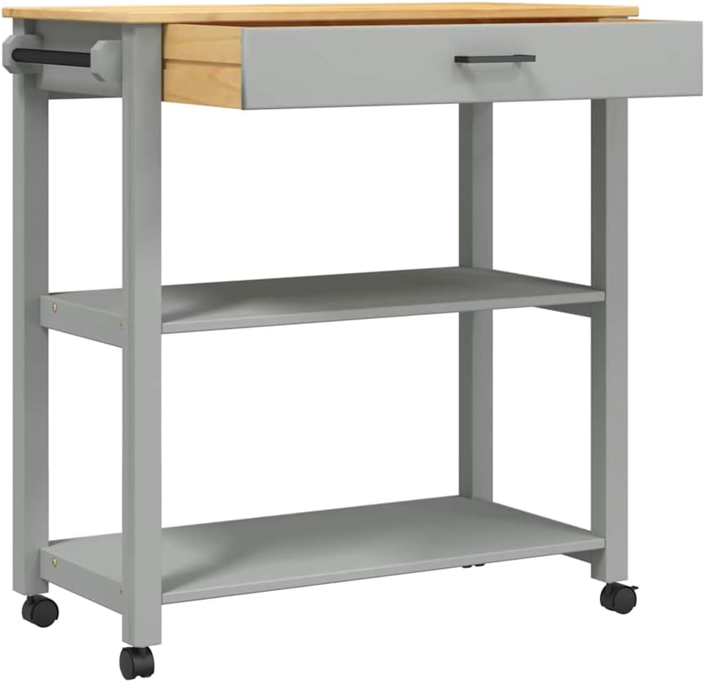 Kitchen Trolley Monza Solid Pine Wood Kitchen cart with Wheels 33.1"x15.7"x34.8" Rolling Kitchen Island with Drawer and Shelves Durable Serving cart for Kitchen Storage