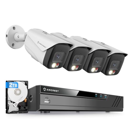 Amcrest 5MP Security Camera System, 4K 8CH PoE NVR, (4) x 5-Megapixel Night Color Bullet POE IP Cameras, Active Deterrent, Pre-Installed 2TB Hard Drive, NV4108E-B1276EW4-2TB (White)