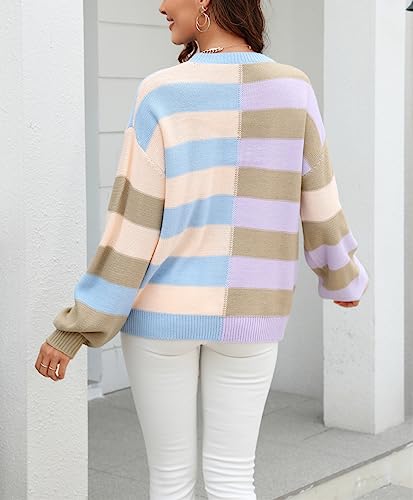 Image of chouyatou Women's Casual Crew Neck Color Block Striped Patchwork Knitted Pullover Sweater Tops