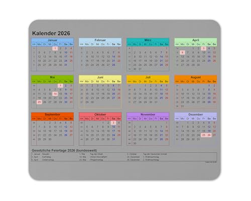 Kalender (Kalender Deutsche Version) 2026 Mauspad mit rutschfestem „Urlaub“-Motiv für PC, Desktop, Laptop, Büro, Schule, Arbeit, Zuhause (Grau)