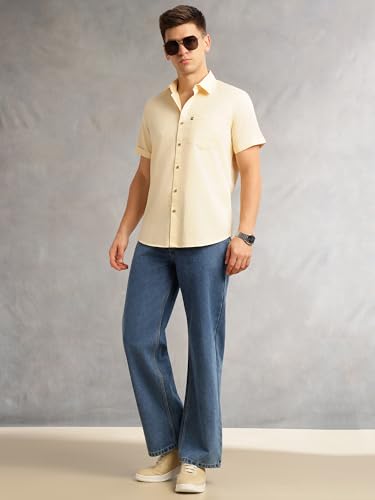 Image of Thomas Scott Men's Premium Slim Fit Casual Shirt | 100% Cotton Twill | Short Sleeves | Spread Collar | Solid Smart Casual Shirt for Men