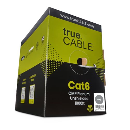 trueCABLE Cat6 Plenum (CMP), 1000ft, Gray, 23AWG 4 Pair Solid Bare Copper, 550MHz, PoE++ (4PPoE), ETL Listed, Unshielded Twisted Pair (UTP), Bulk Ethernet Cable by TRUE CABLE - Used condition - US$151.46