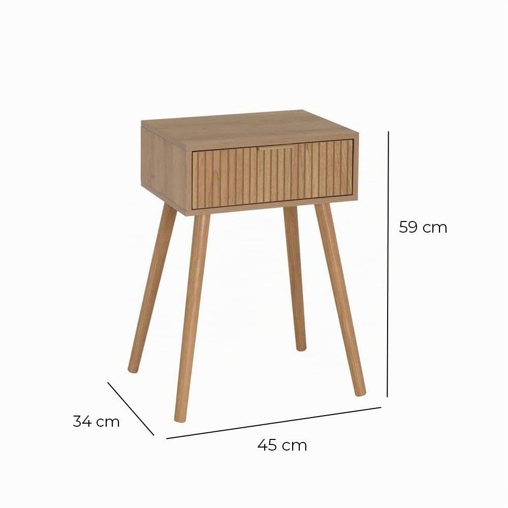 Set de 2 mesitas de noche de 1 cajón laminado color marrón de 45x35x59cm | Mesitas para dormitorio y espacios pequeños . Dos mesillas de noche con patas altas de madera de pino. Soporta 15 kg