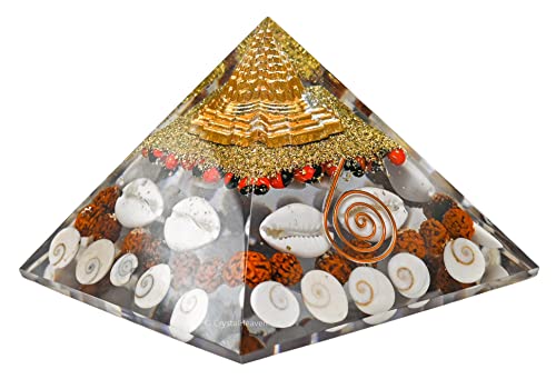 Crystal Heaven Laxmi Pyramid Original Certified Gomati Chakra, Rudraksha, Cowrie Kodi Maha Laxmi Pyramid - 90Mm Large Orgonite Pyramid With Shree Yantra - Pooja Vastu Items For Home For Good Luck