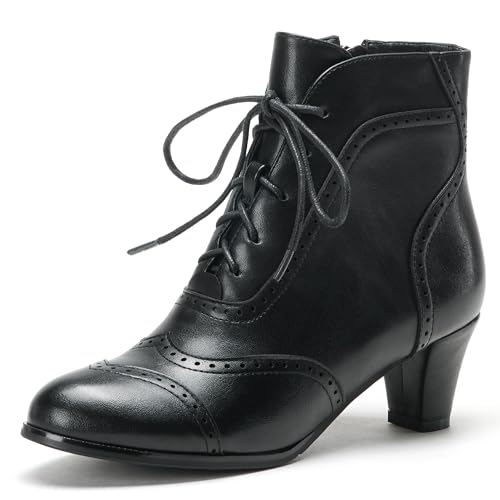 Pixoecuty Women's Victorian Ankle Boots Lace Up Booties Oxford Wingtip Boots Side Zipper Chunky Heel Black US 7