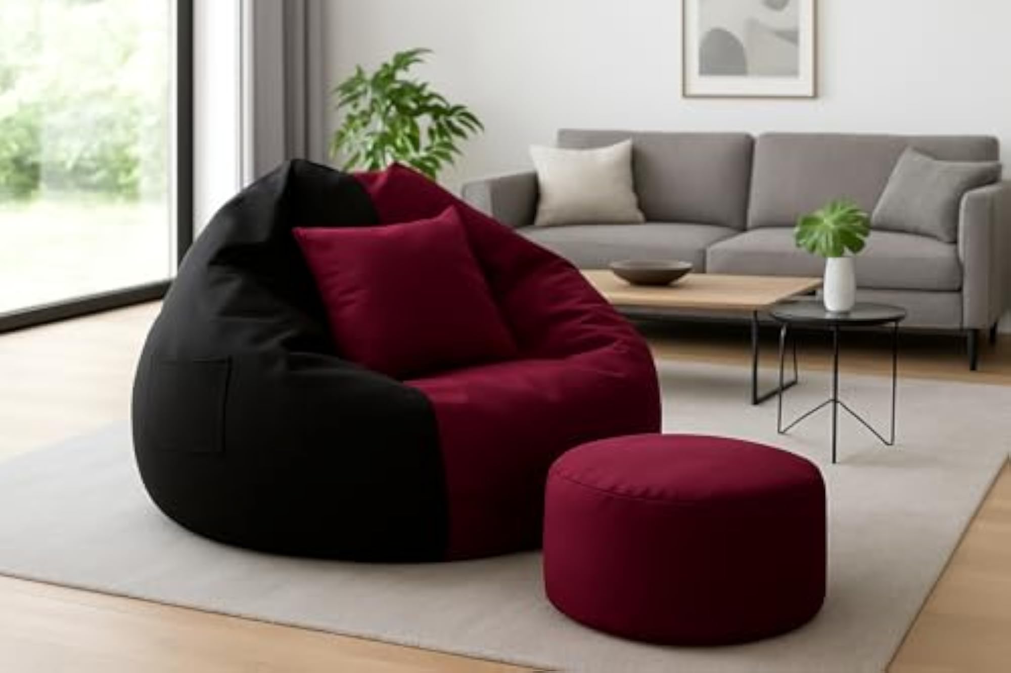 4XL Bean Bag Cover with Footrest & Cushion, Maroon & Black