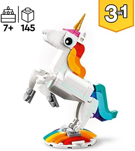 LEGO 31140 Creator 3 w 1 Magiczny jednorożec, Figurka Konika Morskiego i Pawia, Tęczowe Figurki Zwierząt, Prezent dla Dziewczynek i Chłopców, Zabawki do Zbudowania