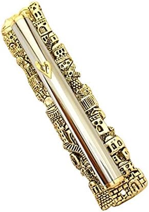 Peer Hastam Metal Mezuzah Case with Gold Colored Shin and Jerusalem Depiction - Made in Israel