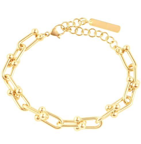 Pulsera Dorada Mujer 18K Bañada Ajustable y Precioso Diseño Eslabones Herradura - Es una Pulsera Mujer Oro, Pulsera Oro Mujer, Pulseras en Oro hipoalergenica, elegante resistente y cómoda Cover