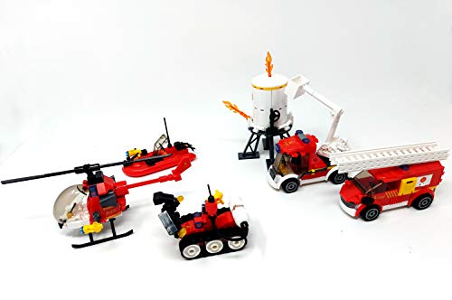 Preisvergleich Produktbild Brigamo Bausteine Feuerwehr Löschzug mit Leiterwagen,Feuerwehrauto mit Teleskop Korb,Hubschrauber,Schlauchboot und Löschroboter