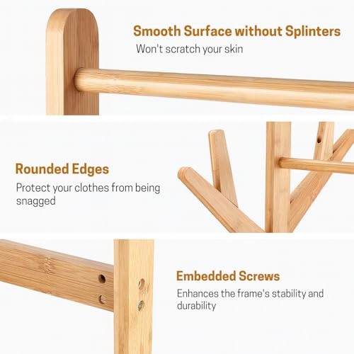 Image of LEOPAX Rolling Coat Rack, Bamboo Garment Rack, Clothes Hanging Rail With 2 Shelves 4 Hooks for Shoes, Hats & Scarves, Clothes Stand For Hallway, Living Room, Guest Room (Size : 80x37x175cm) - Beige