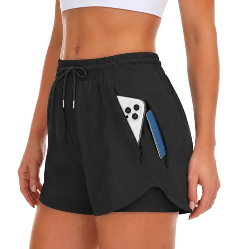 Image of SCCGKP Women 2-in-1 Running Shorts Drawstring Sport Shorts with Pockets Quick Dry Lightweight Activewear Gym Yoga Short for Ladies Training (XS, Black)