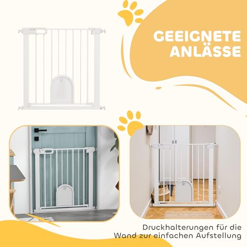 PawHut Türschutzgitter Treppenschutzgitter Hunde Absperrgitter Schutzgitter für Haustier Hundegitter Klemmbefestigung Stahl Weiß 75-82 x 76 cm