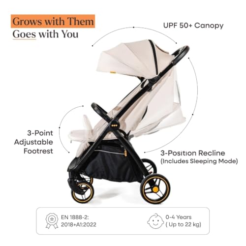 Image of Loopie Hop 1 Hand Fold Travel Friendly Compact CABIN Stroller for 0-4 Years | 3 position RECLINE Seat with SLEEPING position | SUN Protection UPF 50+ Canopy | 5 Point Safety HARNESS | 360 Wheels | 5 KG storage BASKET | WASHABLE Oxford Cotton fabric | MOSQUITO NET | Self-standing | 1 year WARRANTY | Ivory