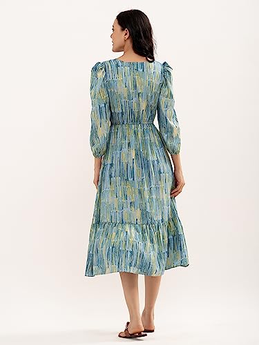 Image of AASK Abstract Printed Puff Sleeve Gathered Detailed Fit Flare Dress