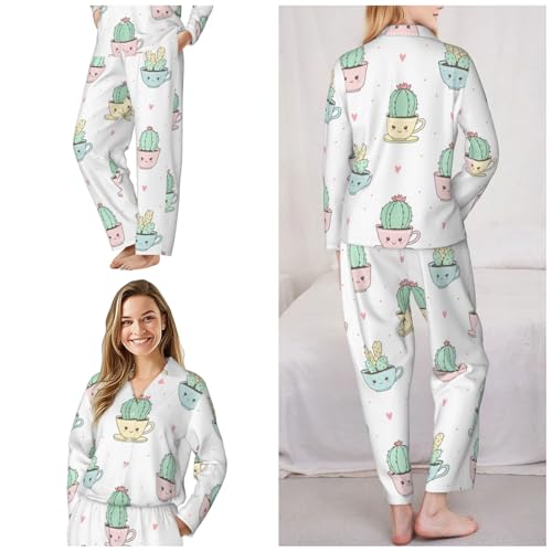 Image of Women'S Long Sleeve Pajama Set Soft Loungewear Button-Down Top & Elastic Waist Pants S- 2XL
