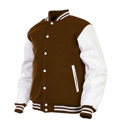 Image of Deckra Men's Varsity Jacket Genuine Leather Sleeve and Wool Blend Letterman Boys College Varsity Jackets XS-5XL