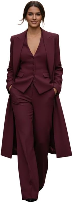 Women's Solid Color 3 Piece Suit Peak Lapel Long Blazer V Neck Vest Pant Suit for Wedding Guests