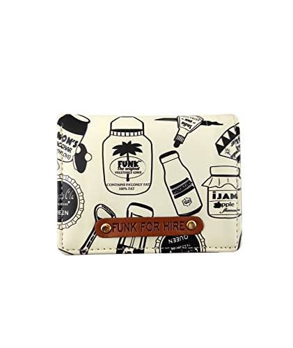 Image of Funk For Hire Vegan Leather Slim Wallet for Men Women White Printed Card Holder Minimalist Bifold with 6 Card Slots Cash Compartment and Zippered Coin Pouch
