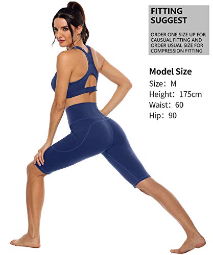 Anwell Damen Bekleidung sportlich mit Handytasche kurz Fitnesshose Kompression Hohe Taille Blickdicht Nicht durchsichtig Navy M
