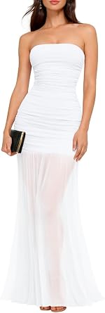 LAGSHIAN Womens Elegant Wedding Guest Maxi Dress Sleeveless Tube Ruched Mesh Evening Long Dresses