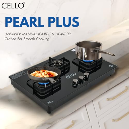 Image of Cello Pearl Plus Hob-Top 3 Burner | Manual Ignition | 8mm Toughened Glass | Flower Design Brass Burners | 1 Year Warranty by Cello | Black