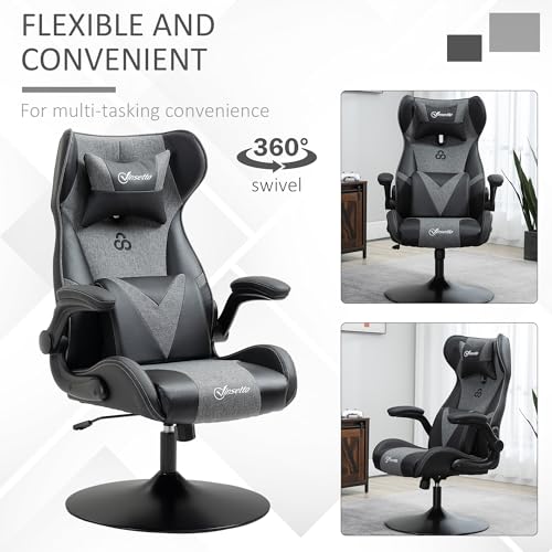 Sedia da gaming ergonomica con base rotonda altezza regolabile bracciolo sollevabile cuscini paraorecchie e lombari PU grigio nero - Sedia gaming - Immagine 6