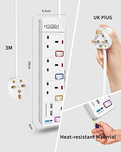 Mscien Extension Lead with USB Slots 3 Way Plug Sockets with Individual Switches 2 USB Ports Extension Cord Mountable Power Strips with 3M extension cable