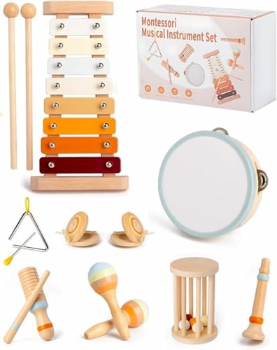 Image of Maraiss 10 Pcs Kids Musical Instruments Wooden Percussion Toys with Tambourine, Xylophone & Carry Bag, Safe Musical Instruments for 1+ Year Old, Rhythm & Sensory Learning Musical Instruments Gift