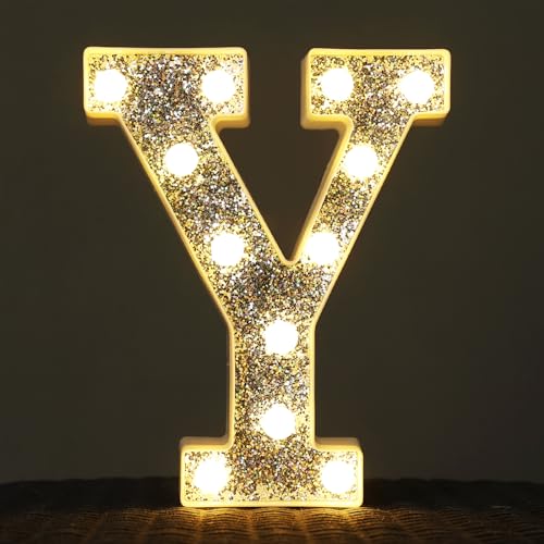 Image of LED Marquee Light Up Letters, 26 Alphabet Lighted Letter and 10 Number, Battery Powered Night Light for Home Birthday Wedding Bar Party Decoration, Shiny Silver Diamond (Letter Y)