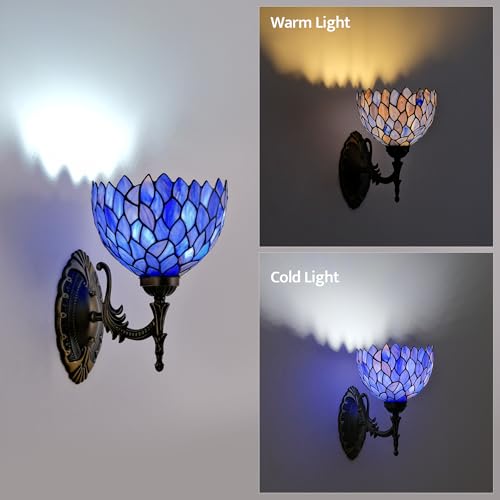 Image of Tiffany Wall Sconce Hand-Weld Stained Glass Bedside Lamp with Classic 8 Inches Wisteria Blue Purple Lampshade for Bedroom Hallway Living Room Home Office