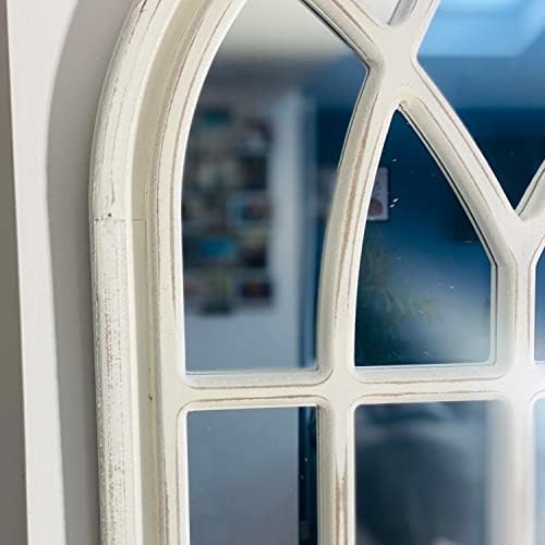 WHATSIZE ENTERPRISE  Arched Window Brushed Mirror  Bevelled Frame - Distressed Effect, White Wood