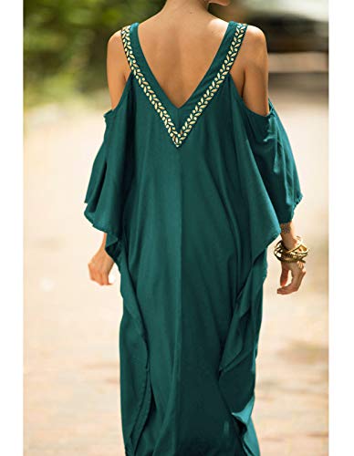 Grajtcin Cold Shoulder V Neck Plus Size Caftan For Womens Beach Kaftan Dress Bikini Swimsuit Cover Ups Peacock Green (G-Green) #TOP3