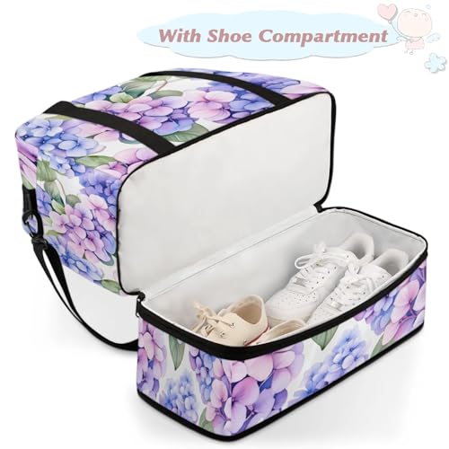 Flower Purple Hydrangea Travel Duffel Bags for Women & Men Large Sports Gym Bags Foldie Weekender Overnight Bag Carry On Tote Bag With Shoe Compartment Personal Item Luggagefor Travel Sports Gym4