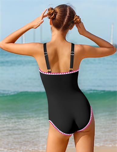 Image of Qaoerde Girls Swimsuit One Piece Swimsuits Solid Color Bathing Suit Colorful Contrast Trim Adjustable Straps Swimwear 9-16Y