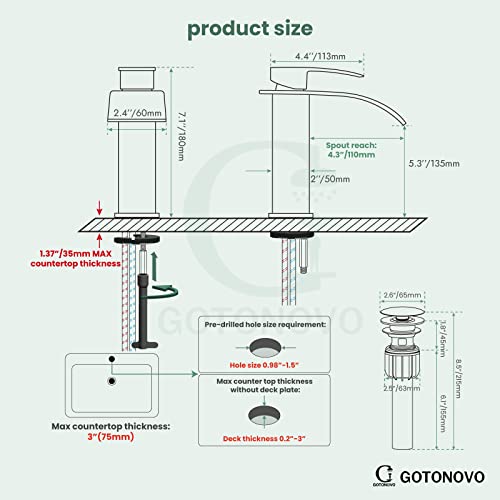 Gotonovo Brushed Nickel Sink Faucet Deck Mount Bathroom Stainless Steel 304 Bowl Basin One Hole One Handle Waterfall Spout Mixer Tap With Pop Up Drain Deck Plate thumb #3