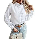 Fronage Women Long Sleeve Shirts Striped Ruffle Button Down Mock Neck Elegant Frill Collar Top Office Work Blouses White