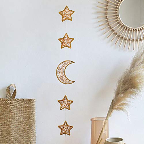 DrCor Star Garland Star Moon Banner Moon Wall Decor Boho Chic Vertical Hanging for Girls Bedroom Nursery Room Aesthetic Dorm (Gold)