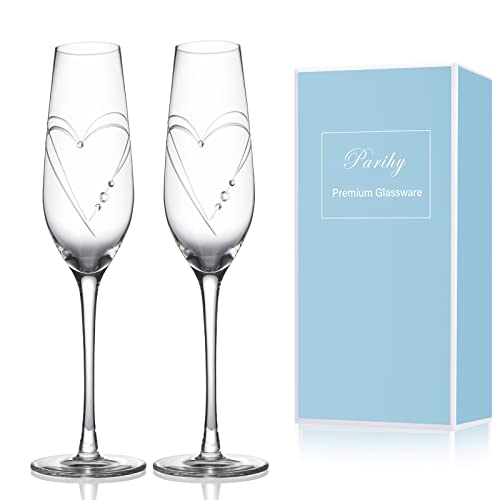 Parihy Champagne Flutes, Bride And Groom Wedding Toasting Champagne Glasses Set Of 2 With Engraved Love Heart Design Embellished With Crystal, Wedding Engagement Christmas Gifts For Couple #TOP1