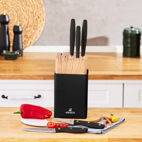 Karaca Mastercut 6-Piece Black Knife Set with Block, Stainless Steel Kitchen Knives Sets with Ergonomic Handles, Includes Cleaver, Cutting, Bread, Vegetable, Paring Knives & Stand