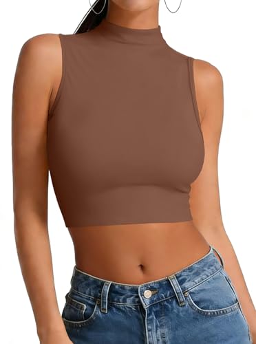 LovelyWholesale Womens Sexy Crop Tops Turtle Neck Summer Tank Top Sleeveless Shirt Brown Large