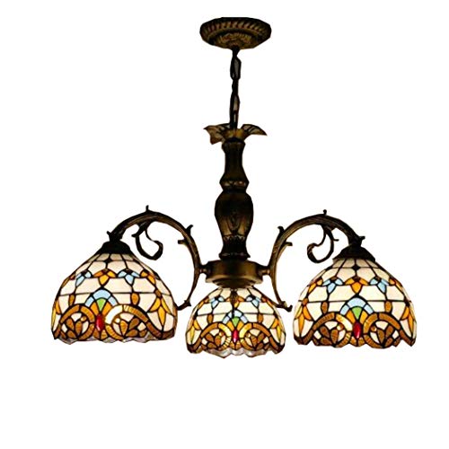Tiffany Style Chandeliers Vintage Baroque 3 Heads Stained Glass 8 Inch Shade Ceiling Hanging Light Fixtures Pendant Lamp for Bedroom Living Room