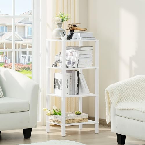 YUFAM 4 Tier Tall Wooden Bookshelf with Storage - Small White Bookcase for Small Spaces, Small Shelf for Living Room, Office, Bedroom, Kitchen - Industrial Modern Book Shelf