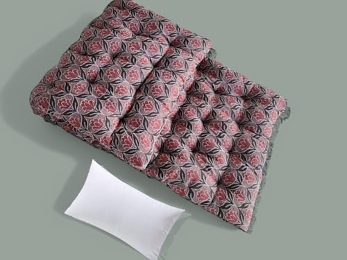 Adim's Cotton Filled Double Bed Quilt Mattress with 1 Pillow | Soft & Reversible, Foldable Firm Bed Mattress | Tufted Soft Rui Gadda for Bedroom, Living Room (Maroon Embroidery, Star, 4 x 6ft)