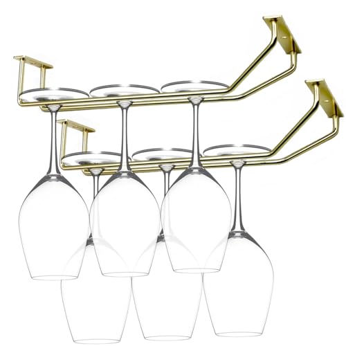 RedDreamer 10.8 Inch Gold Wine Glass Rack, Under Cabinet Wine Glass Holder, Wine Glass Hangers Under Shelf, Stemware Rack, Hanging Stemware Holder for Cabinet Kitchen Bar, Set of 2